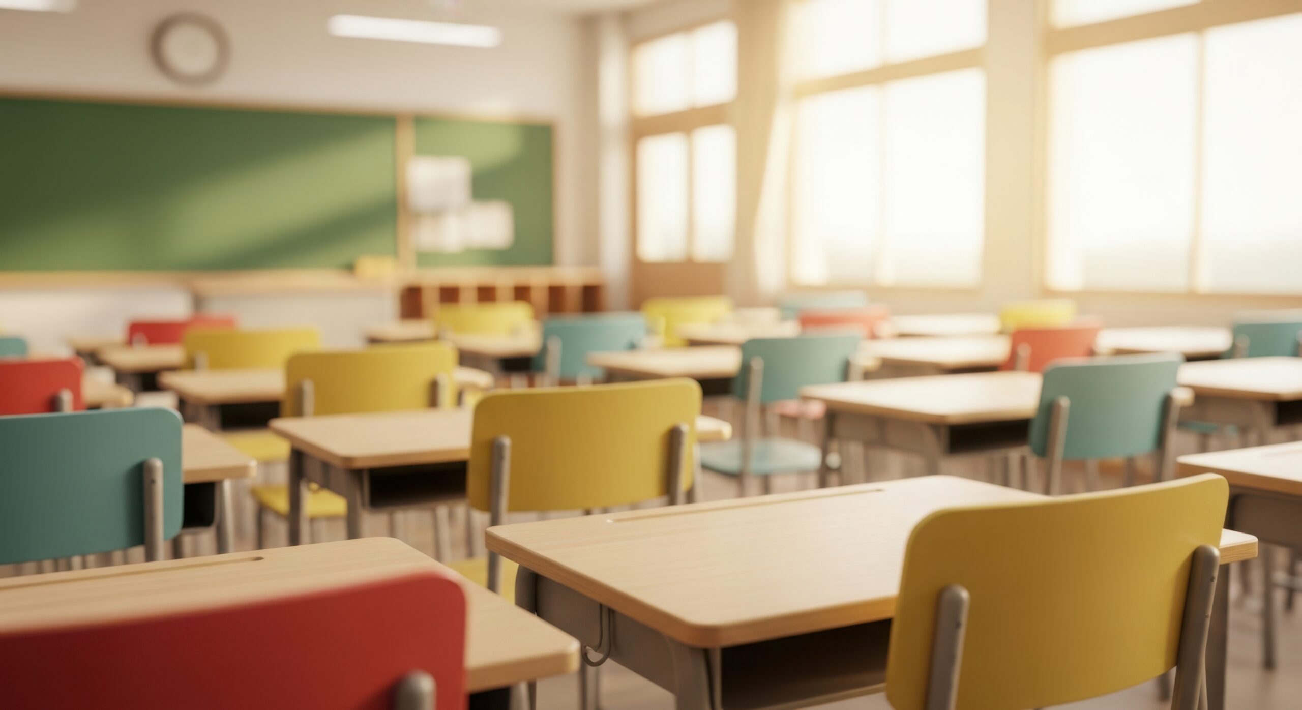 Empty Classroom with Colorful Chairs and Desks school 1